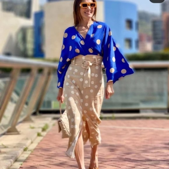 Zara Polka Dot belted linen blend midi skirt Beige XS NWT - Picture 3 of 9